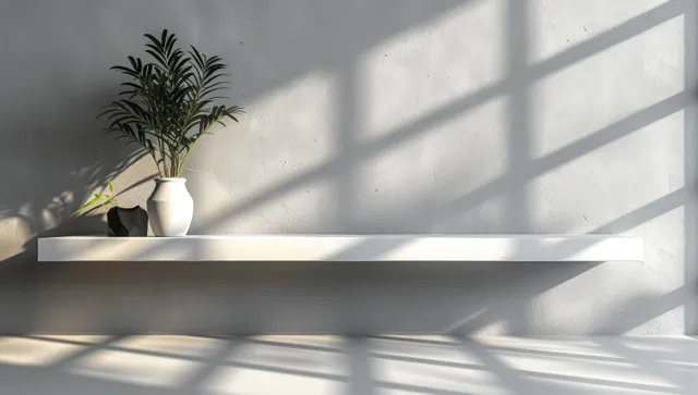 Blank banner mockup on white tabletop with potted plant and window shadows