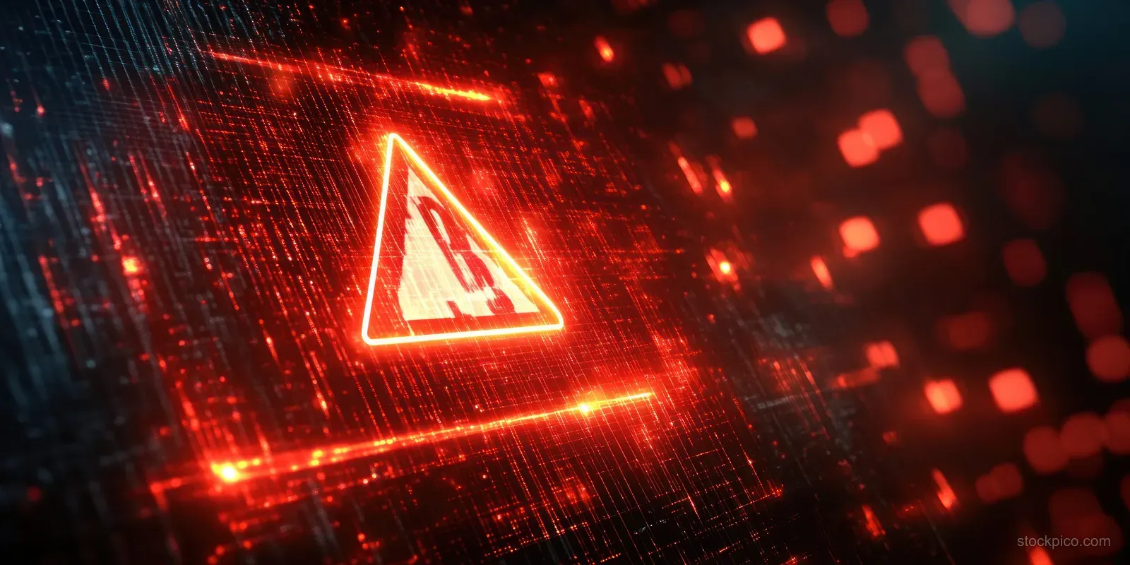 A red glowing warning triangle appears on a digital grid background with floating lights, indicating a cyber security threat.