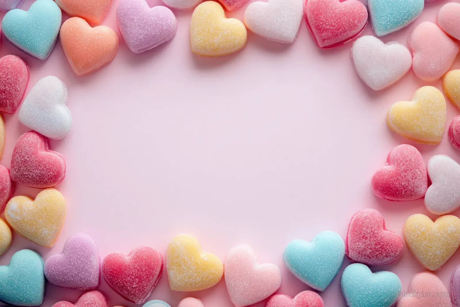 Heart-shaped gummy candies form a candy frame on a soft pink background with pastel glossy colors.