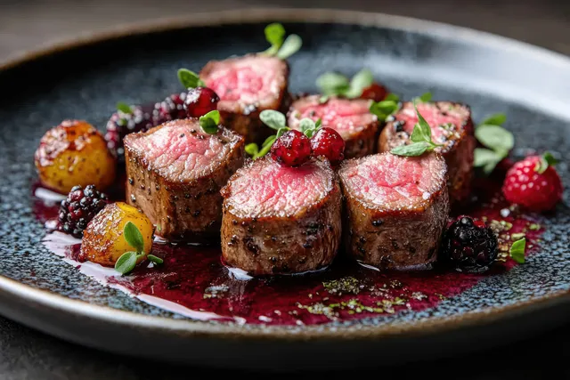 Gourmet duck breast elegantly plated with vibrant herbs and rich sauce, showcasing fine dining culinary artistry.