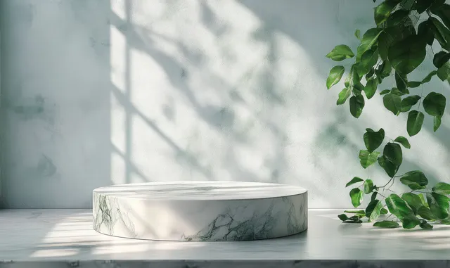A white marble pedestal with soft shadows is framed by green leafy branches on a light indoor surface.