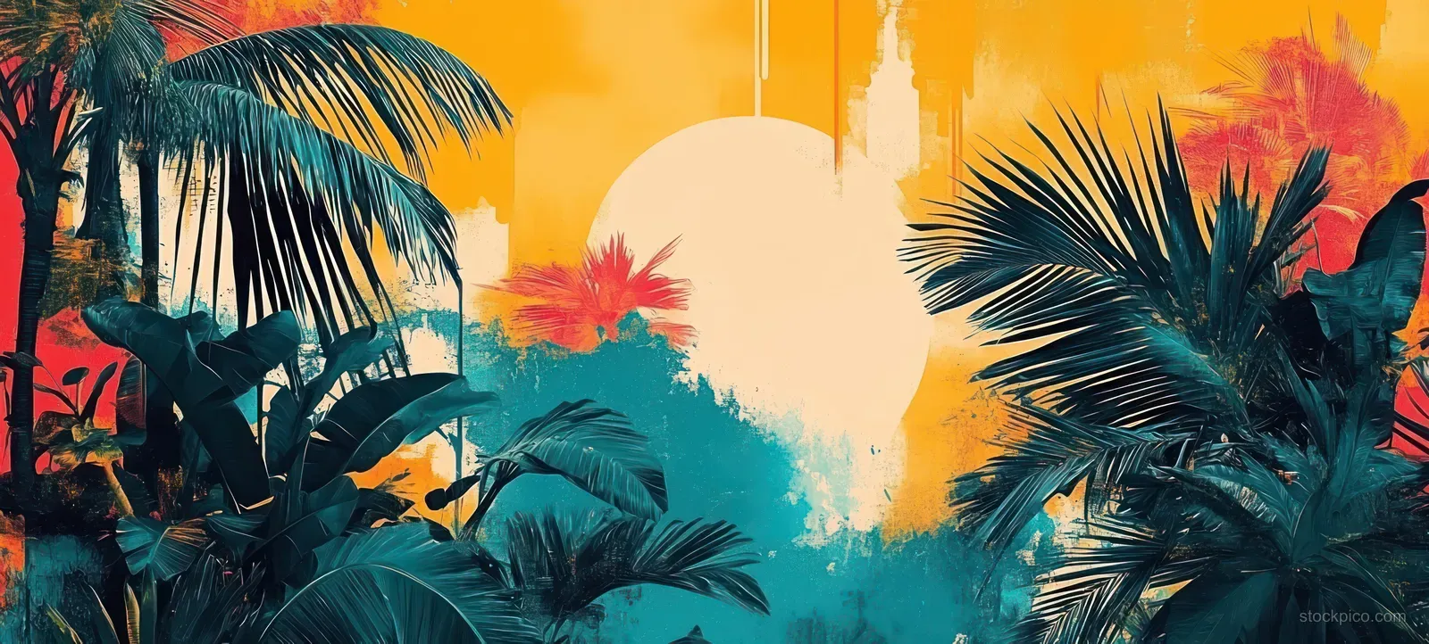 Layered palm silhouettes appear inside a circular vintage collage with warm orange and turquoise textures.
