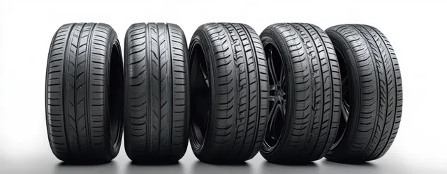 Row of five black car tires standing upright with visible tread textures on reflective white surface