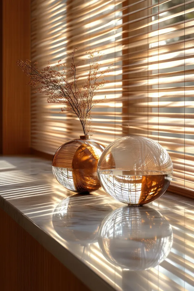 Golden and clear Christmas ornaments on a window ledge reflecting the sun through blinds.