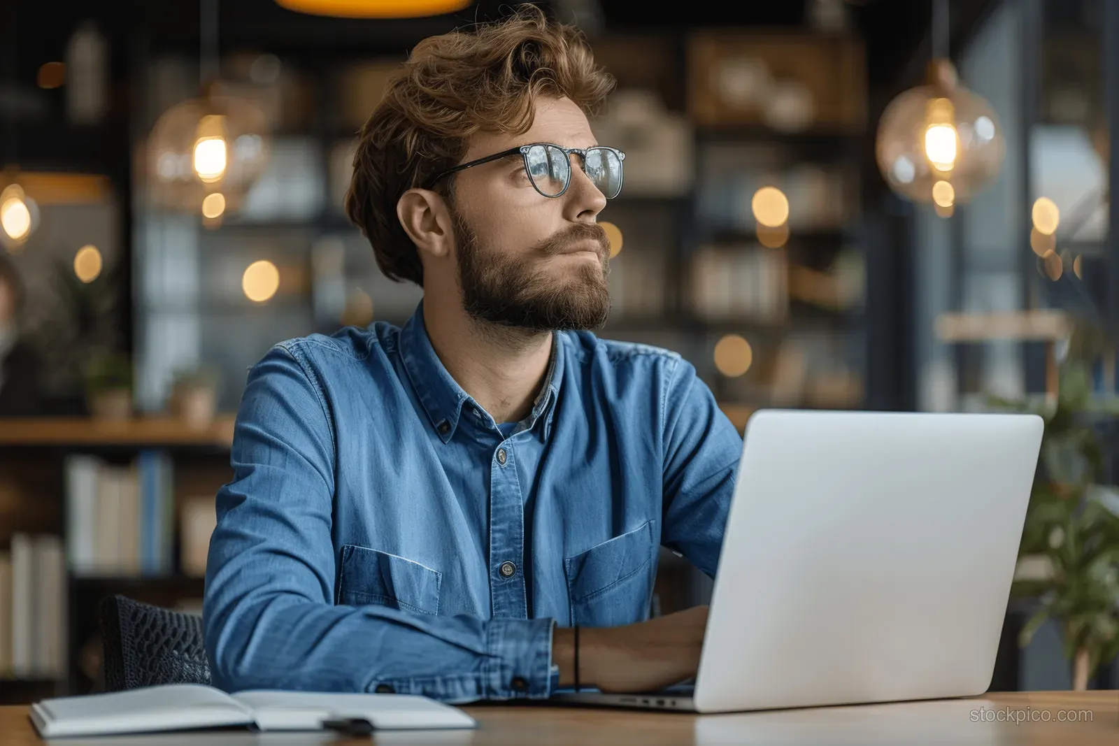 A young businessman with glasses sits at an office desk using a laptop while looking pensive amid warm bokeh lights.