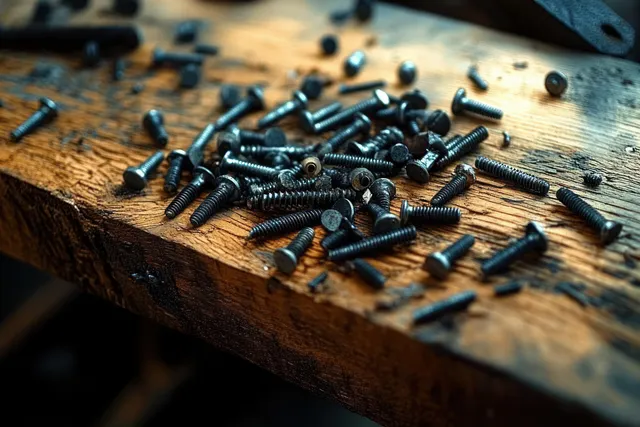 Small black screws scattered on a rough wooden workbench under warm workshop lighting.