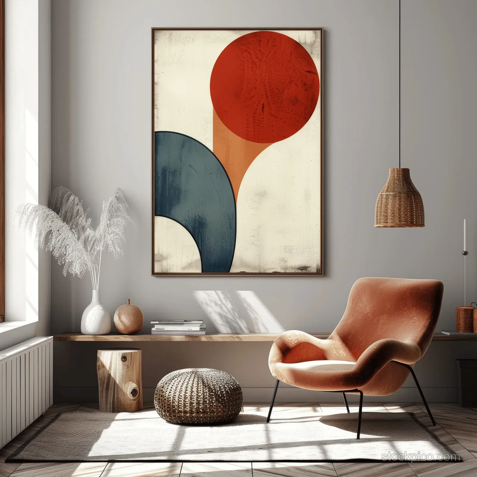 Blue armchair and wooden coffee table sit in a sunlit living room with geometric wall art.