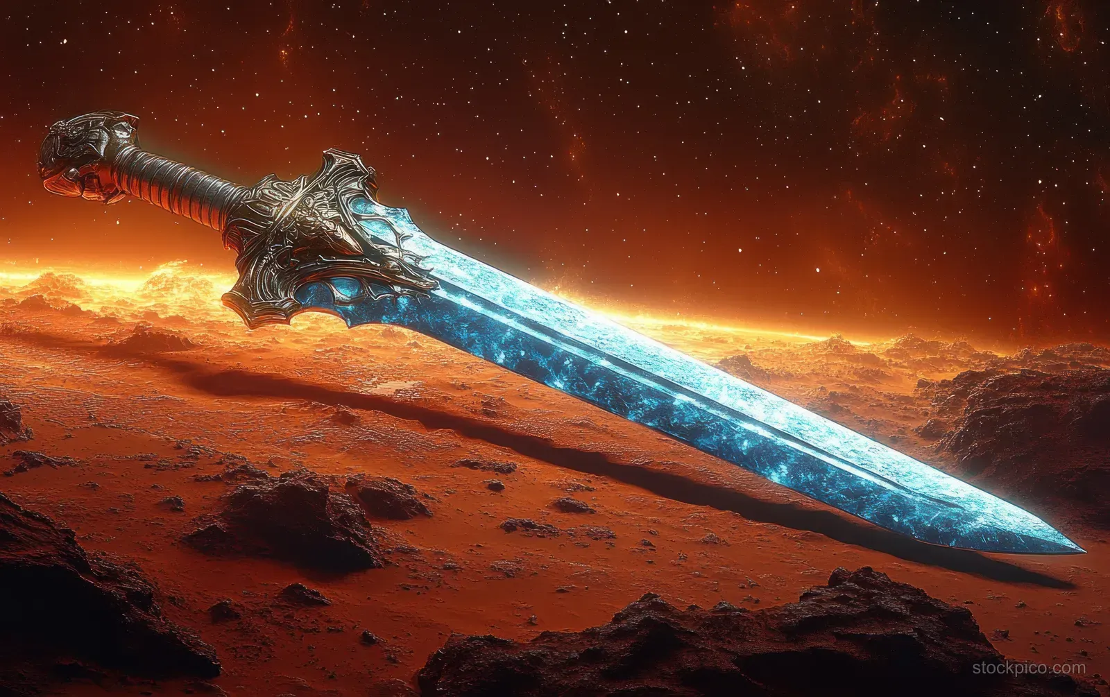 An ornate sword with a glowing blue blade rests on red rocky desert beneath a starry sky.