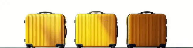 Three yellow hard-shell suitcases with wheels and handles are displayed side by side on a clean white background.
