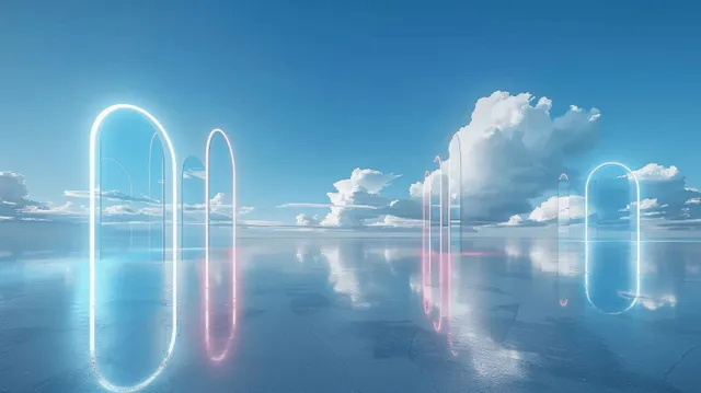 Minimalist glowing glass bar graph columns reflected on the ground beneath a clear sky.
