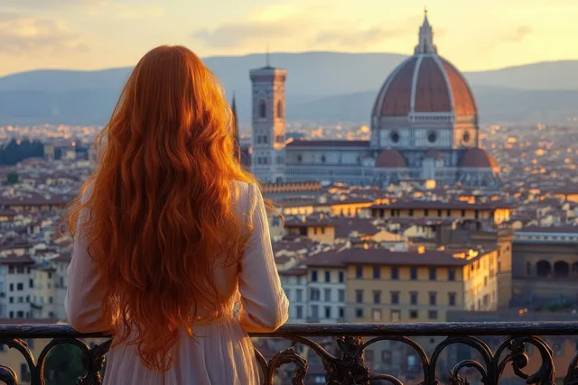 Woman in a white dress leans on a balcony railing watching Florence’s cathedral dome glow during sunset.