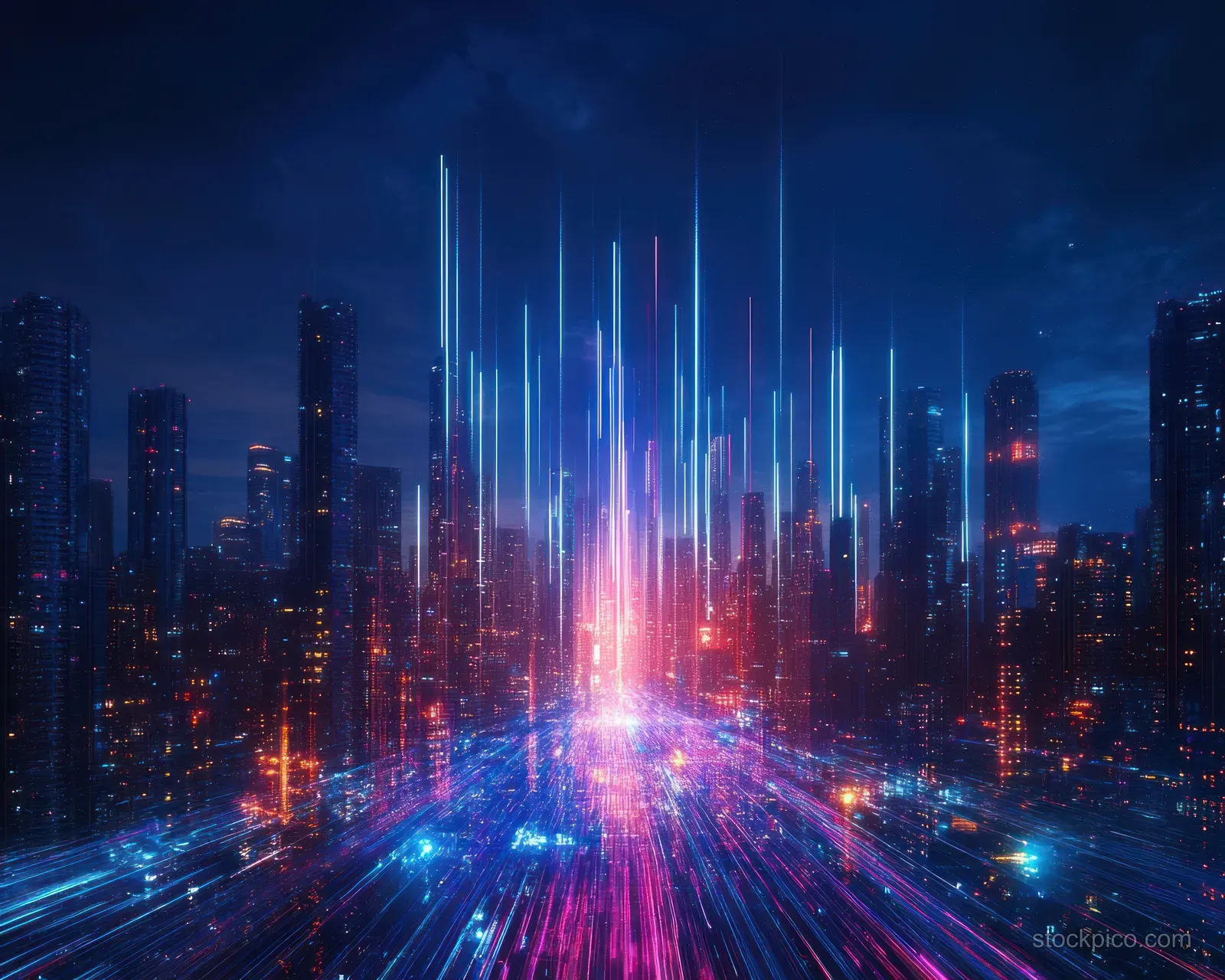 Futuristic city skyline at night with neon blue and pink light streaks between tall skyscrapers.