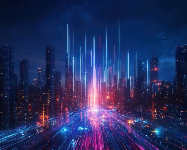 Futuristic city skyline at night with neon blue and pink light streaks between tall skyscrapers.