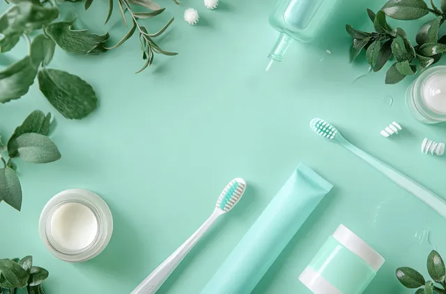 Two toothbrushes, skincare tubes, and lotion bottles rest beside fresh green leaves on a soft mint background.