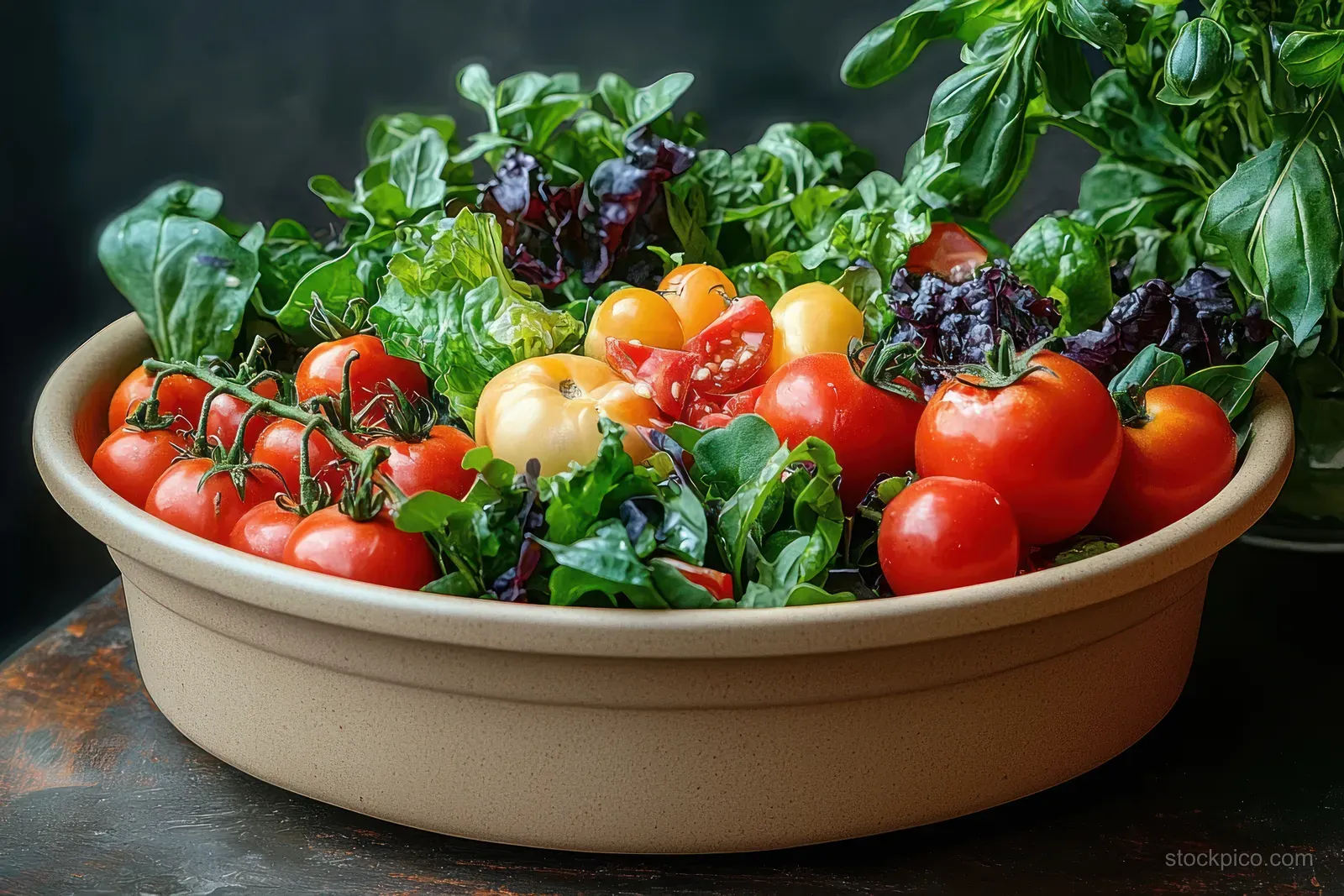 Mixed salad in a beige bowl with red and yellow cherry tomatoes, green lettuce leaves, and basil on rustic wood.