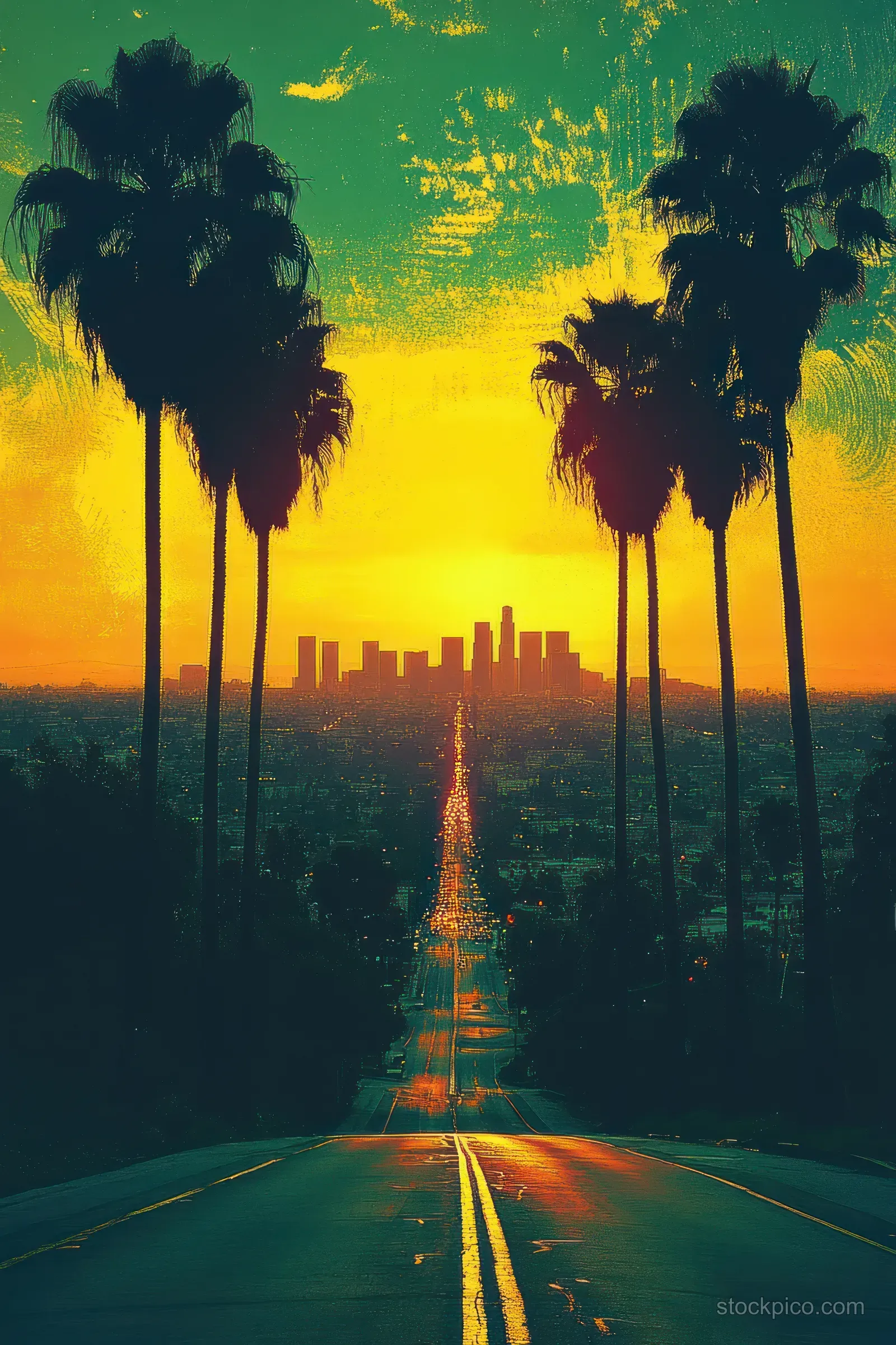 Sunset city skyline appears between palm trees lining a straight road glowing with distant streetlights.