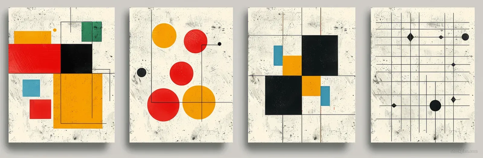 Four Bauhaus geometric poster cards with colorful blocks, circles, and crosshair grid patterns on textured paper.