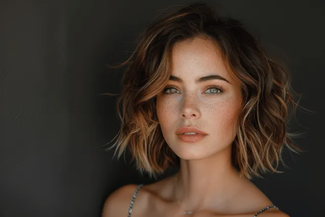 Woman in a studio portrait wearing a tousled chestnut bob hairstyle with subtle highlights.