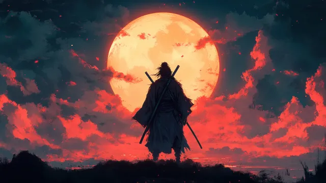 A lone samurai silhouette stands against a glowing moon with swirling clouds in ukiyo-e style.