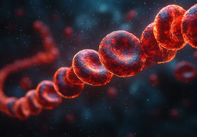 Red blood cells pass through a narrowed artery with plaque buildup in a dark medical illustration.
