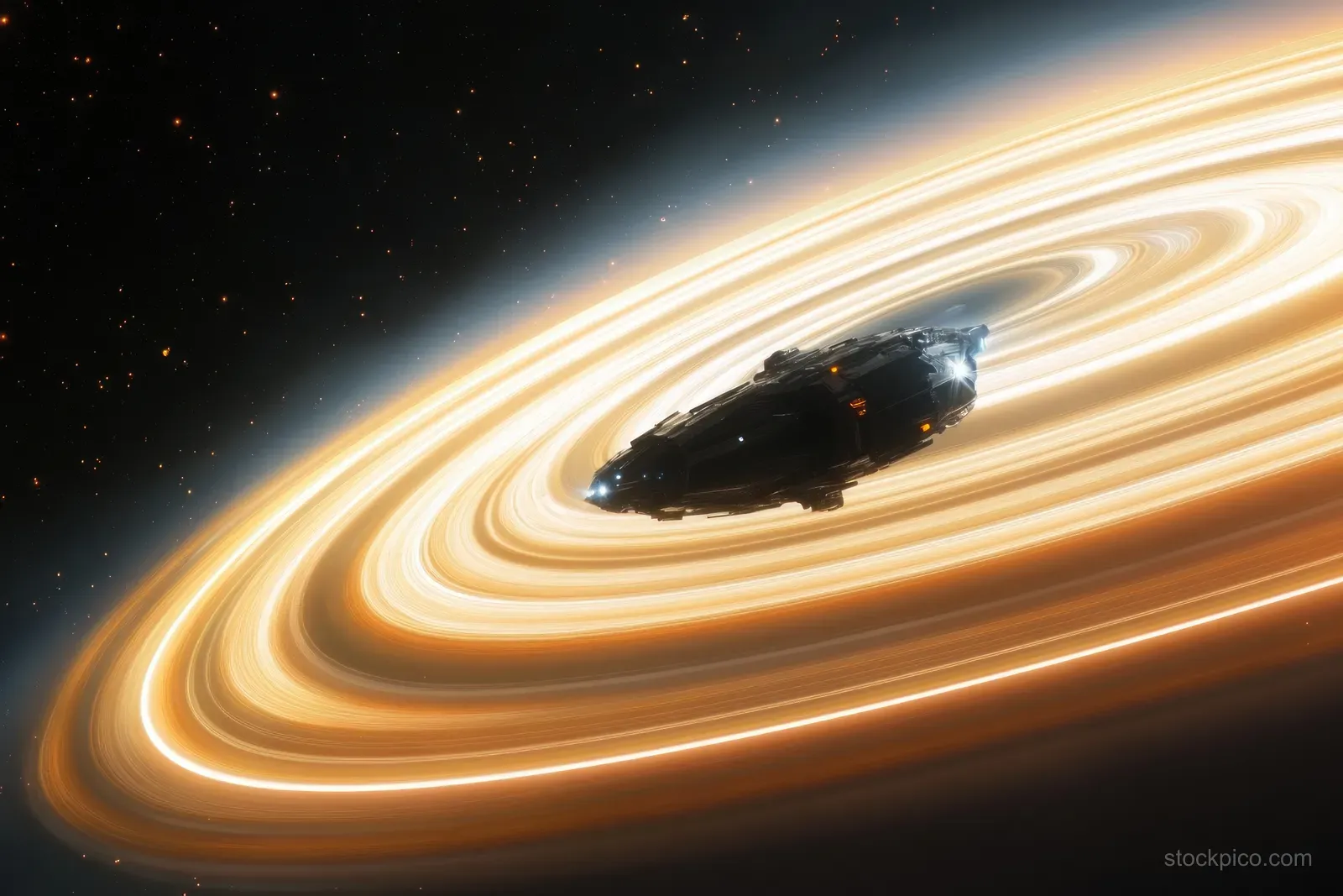 A shadowed moon glides near glowing ring arcs around Saturn-like planet in a starry space scene.
