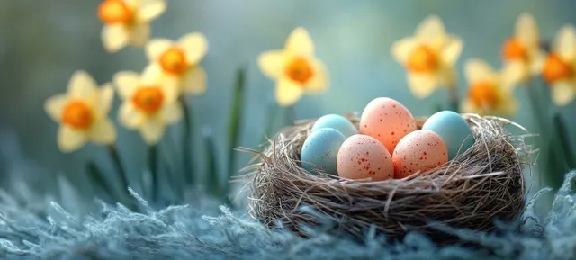 Pastel Easter eggs in nest with daffodils on soft spring background
