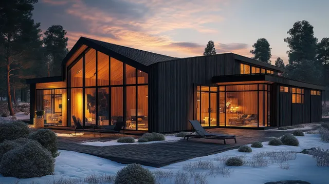 A black wooden modern house with warmly lit glass windows sits in snowy pine trees at dusk.