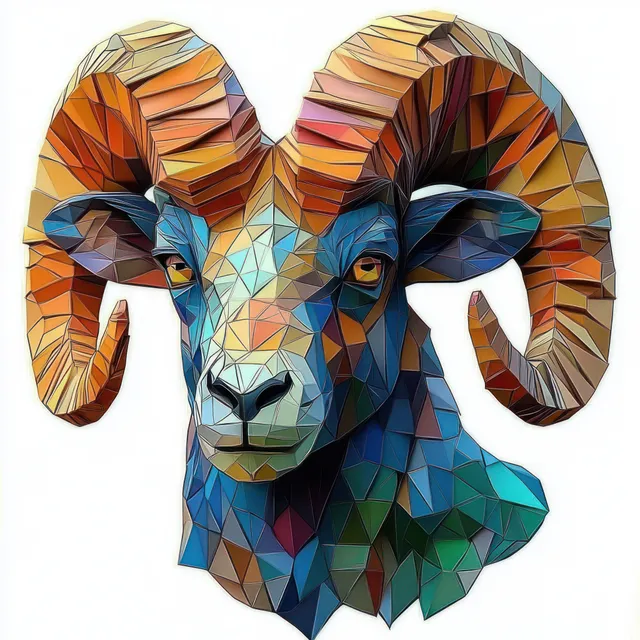 Polygonal ram portrait with curved horns, low-poly facets, and warm cool color blocks
