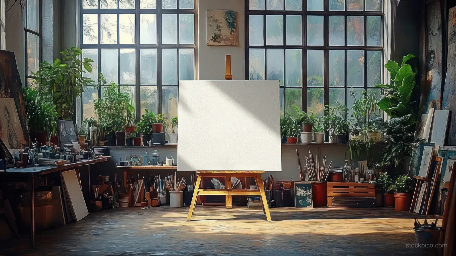 A blank canvas on an easel sits in a sunlit artist studio with paint jars, brushes, and potted plants by windows.