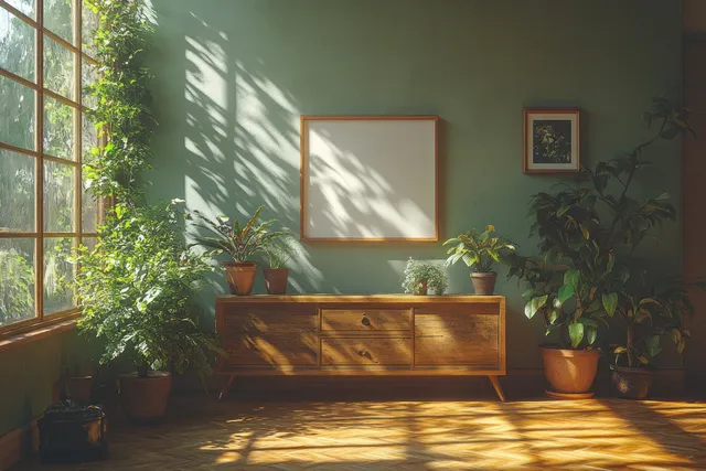 Sunlit minimalist living room with a wooden sideboard, several potted plants, and a blank framed picture on the wall.