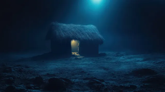 A small thatched hut glows from inside while mist covers rocky ground under a bright blue night light.