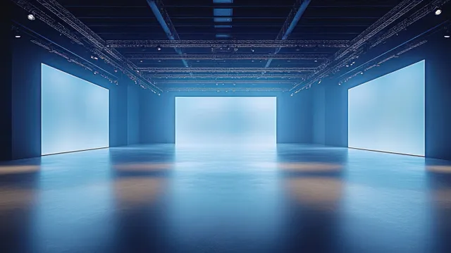 Empty exhibition hall with three glowing blue wall screens and a polished reflective floor under industrial ceiling lights.