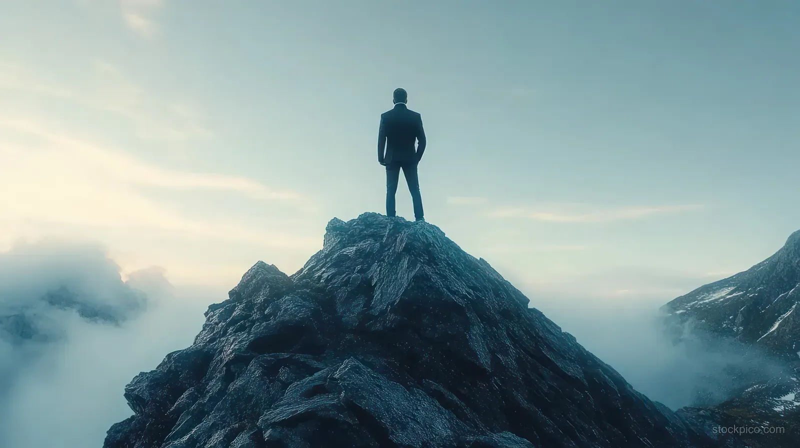 A silhouetted hiker stands on a rocky summit while misty clouds fill the valleys at sunrise.