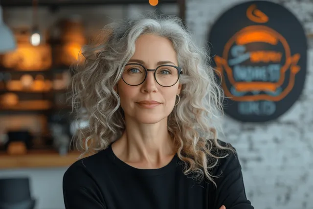 Smiling senior woman with gray curly hair stands in an office while the background is blurred.
