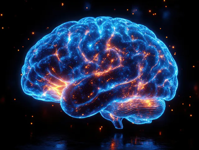 Bioluminescent brain digital render glowing with neural pathways against dark background