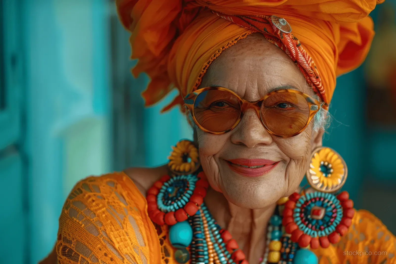 Elderly woman in neon headwrap and round sunglasses smiling with colorful beaded accessories against a turquoise background.