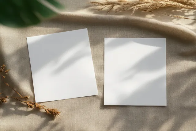 Minimalist White Invitation Cards Mockup with Dried Grass on Beige Table (5x7)