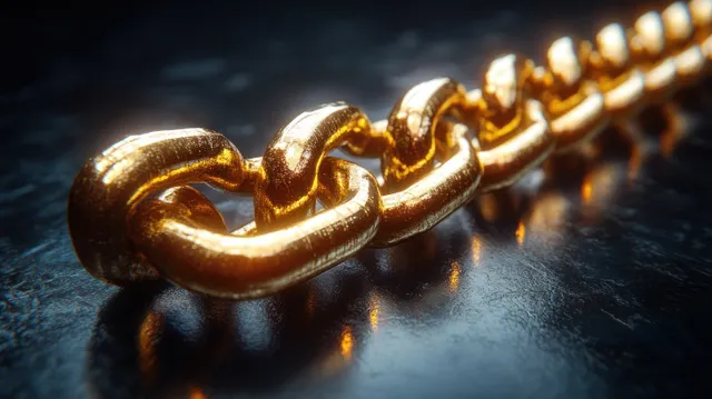Golden chain links close-up on dark surface with sharp highlights and soft bokeh