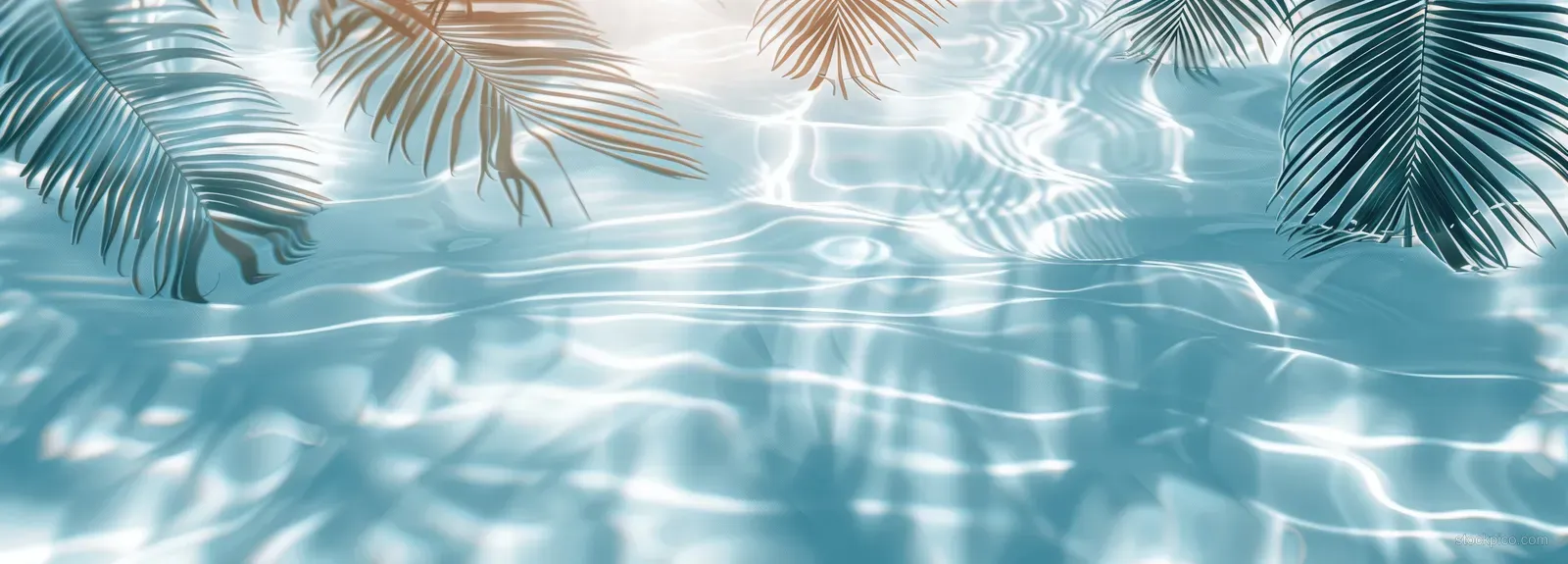 Palm leaves cast shadows across rippling light-blue water under bright daylight on a sandy beach.