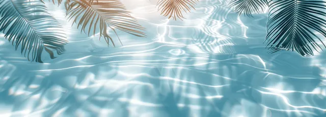 Palm leaves cast shadows across rippling light-blue water under bright daylight on a sandy beach.