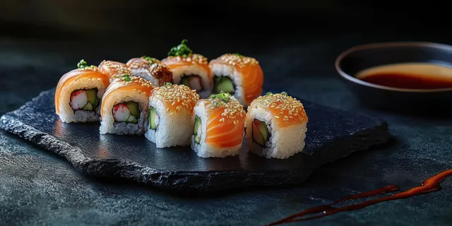 Eight salmon sushi rolls with sesame and green garnish sit on a black slate plate beside a bowl of soy sauce.
