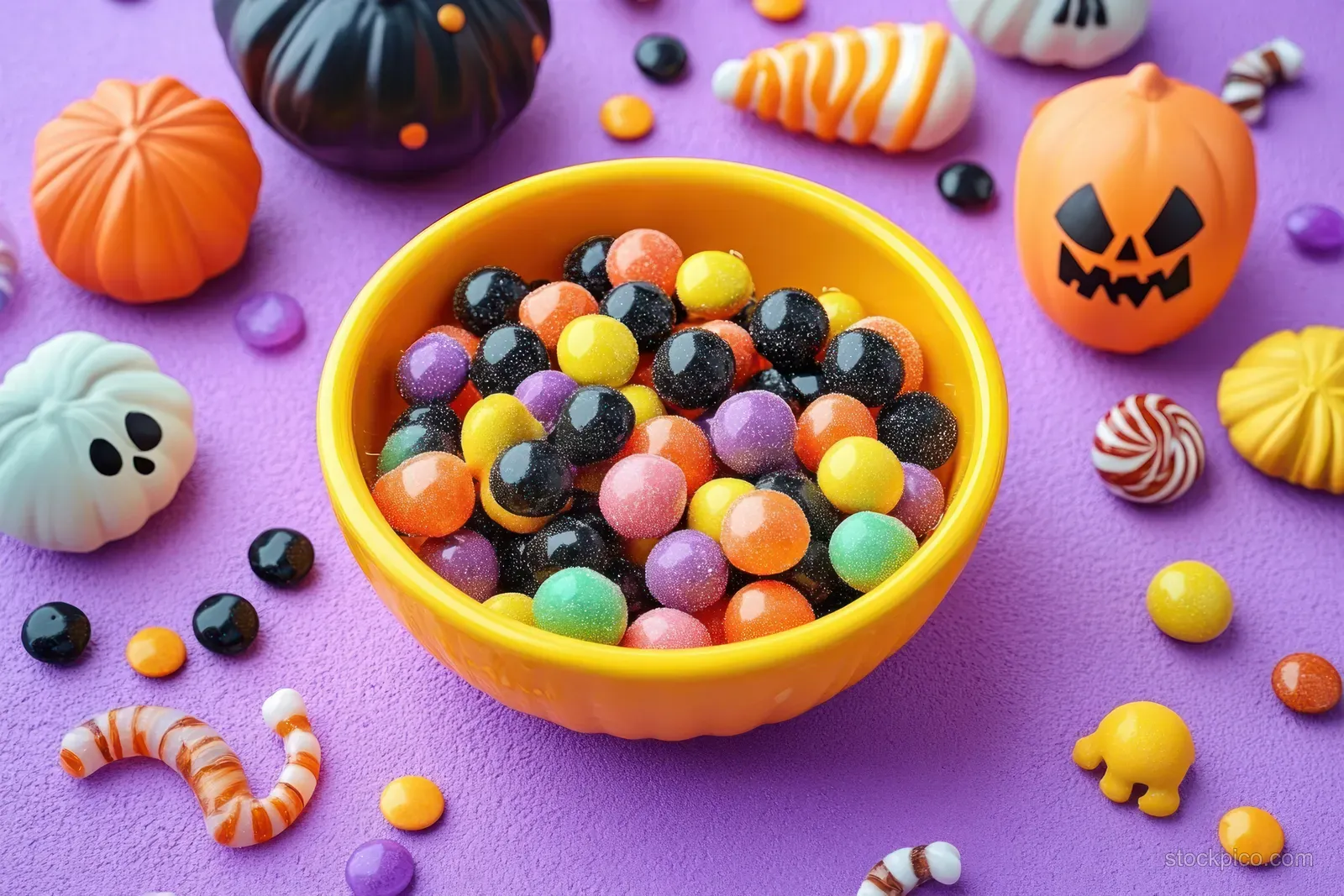 Orange candy bowl filled with colorful round Halloween candies surrounded by pumpkin-shaped candies on a purple background.