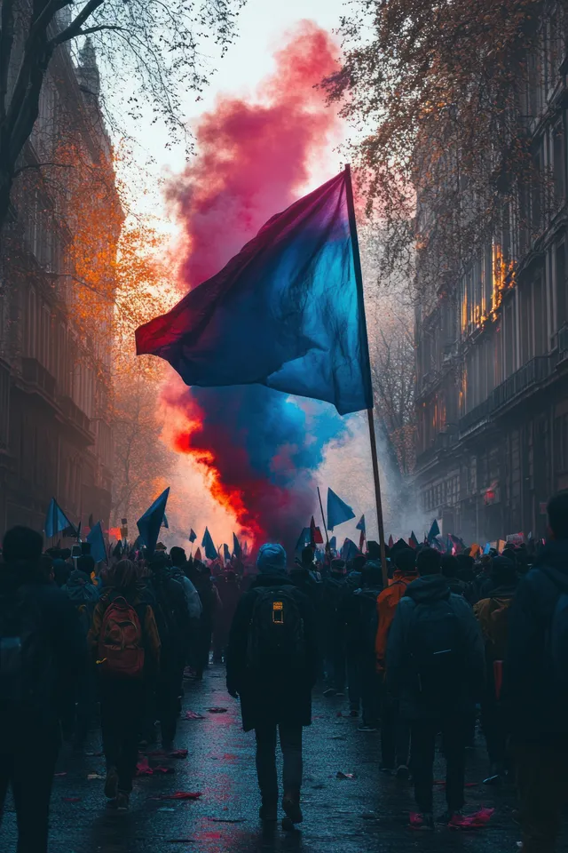 French protester waving a flag as blue and pink smoke rises in a Paris street.