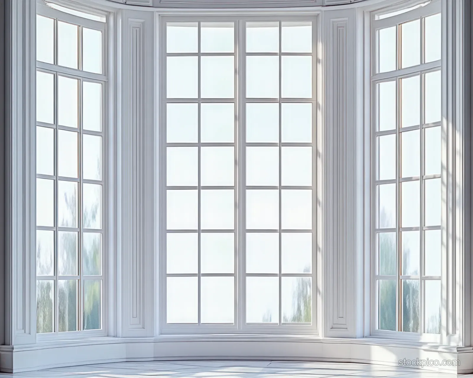 An empty bright room corner with white-framed bay windows, soft daylight, and blurred green plants outside.