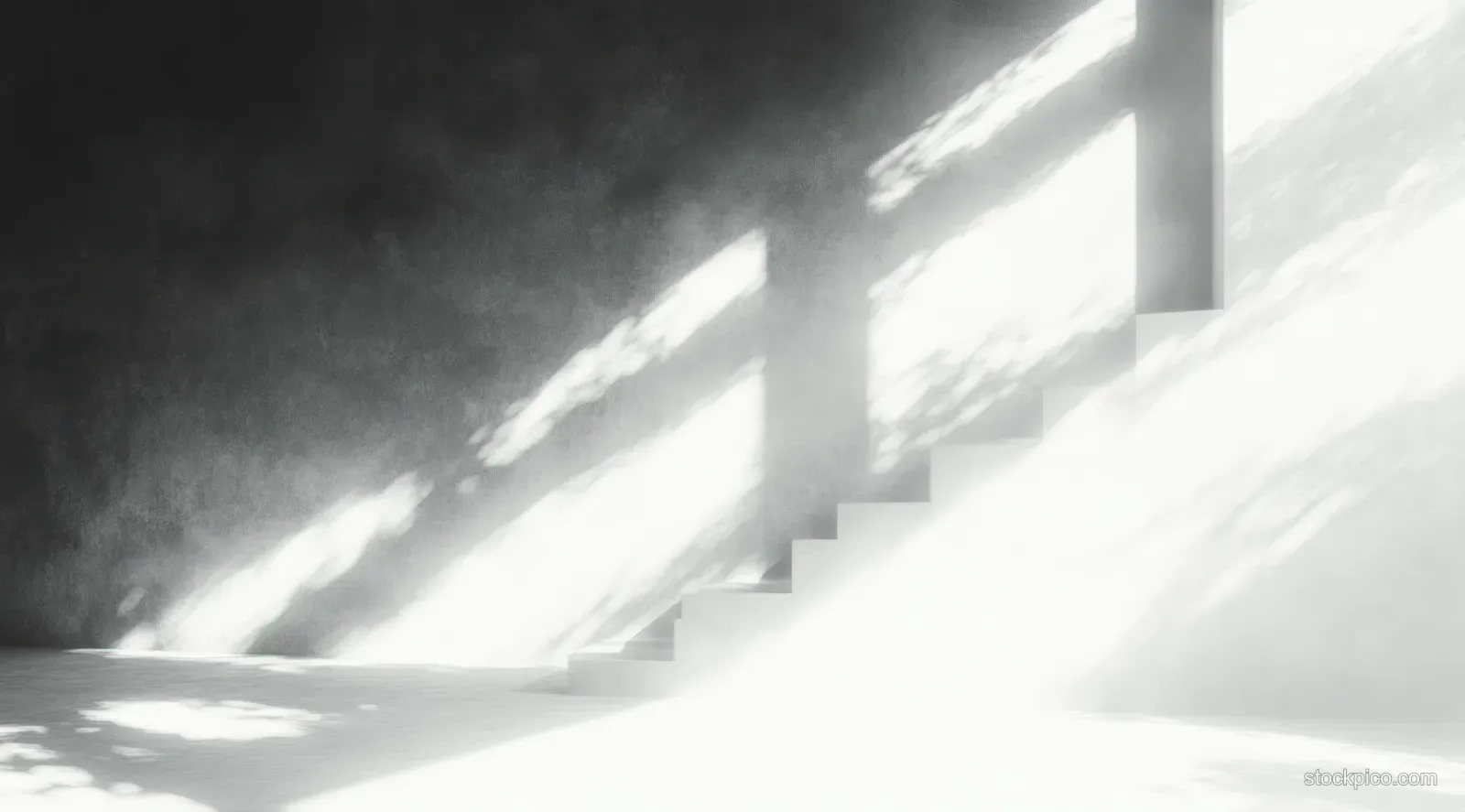 Minimalist concrete staircase bathed in soft daylight, casting gentle foliage-like shadows on neutral walls and floor.
