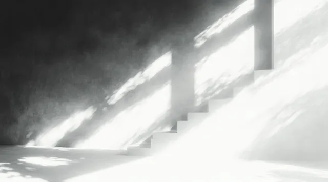 Minimal Concrete Staircase Interior with Soft Daylight and Foliage Shadow Patterns