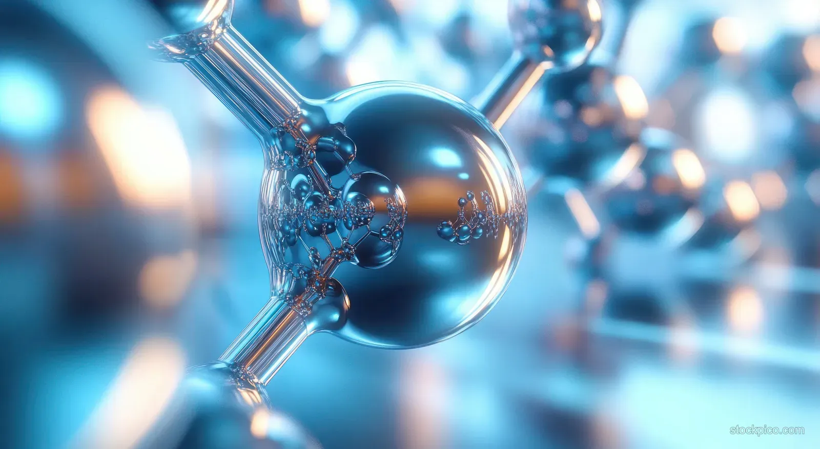 Blue metallic molecular network with reflective spherical atoms connected by glowing rods in a futuristic background.