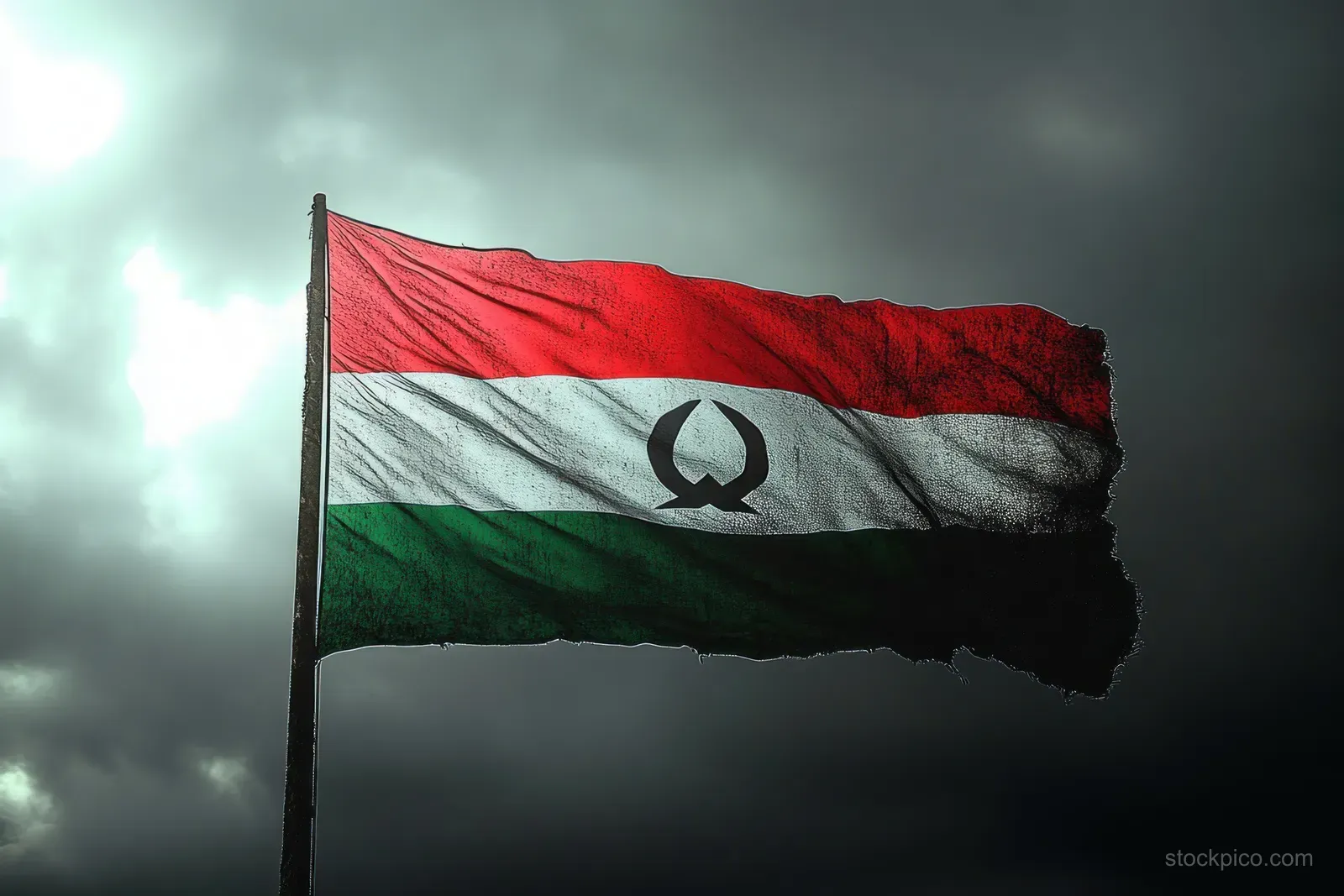 A torn red, white and green striped flag with a black emblem flutters on a pole against dark cloudy sky.