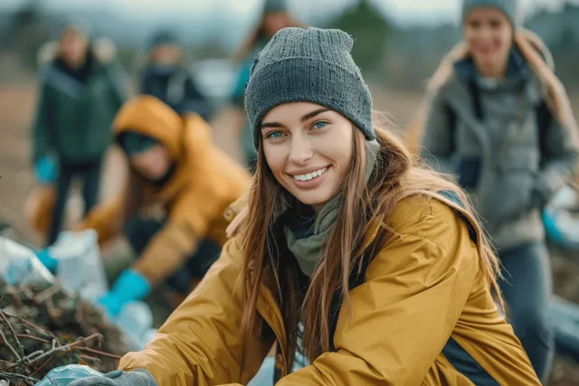 Volunteer wearing gloves picks up litter in a park field while other people sort trash behind her.