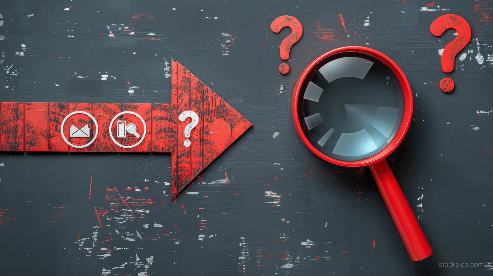 Red magnifying glass overlays a warning icon with exclamation and question marks on a dark risk alert background.